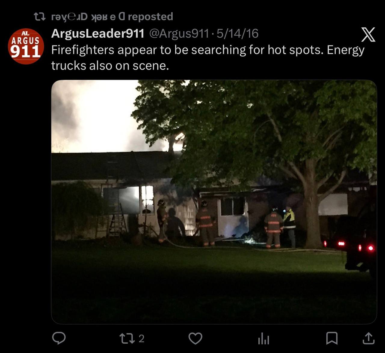 House fire in Valley Springs, SD at night