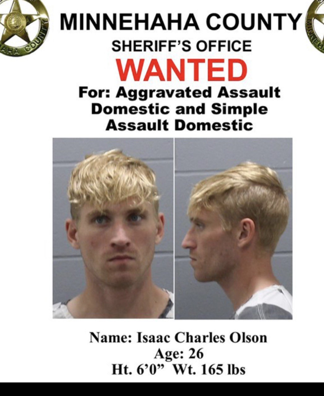 Minnehaha County Sheriff's Office wanted poster for Isaac Charles Olson